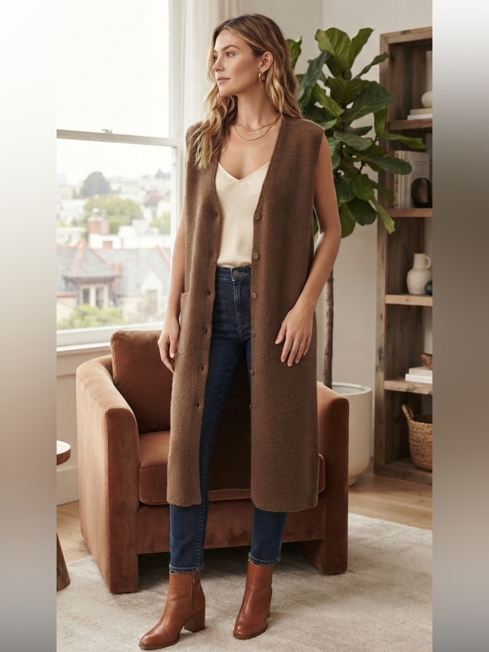 Vintage 90's CZ London Lambswool Angora Long Duster Cardigan Vest Size M Brown